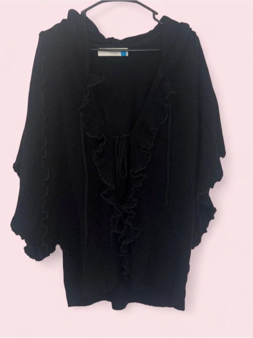 sparrow Black Ruffle-Trim Hooded Poncho Sweater